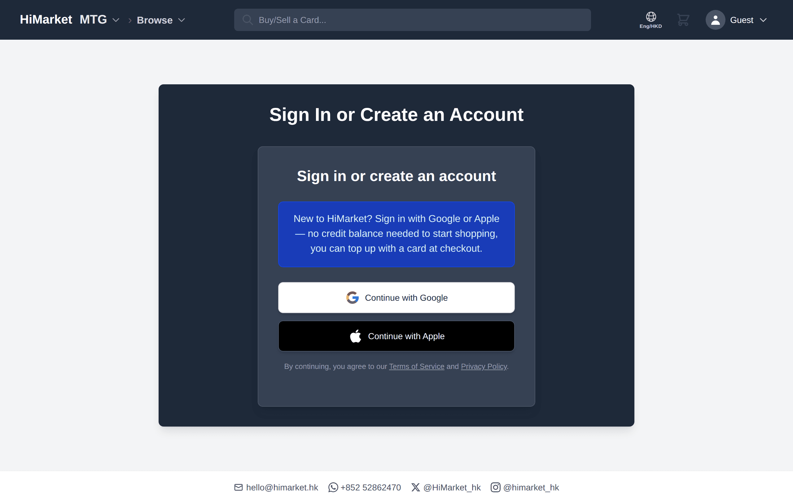 The HiMarket sign-in screen with Google and Apple ID options
