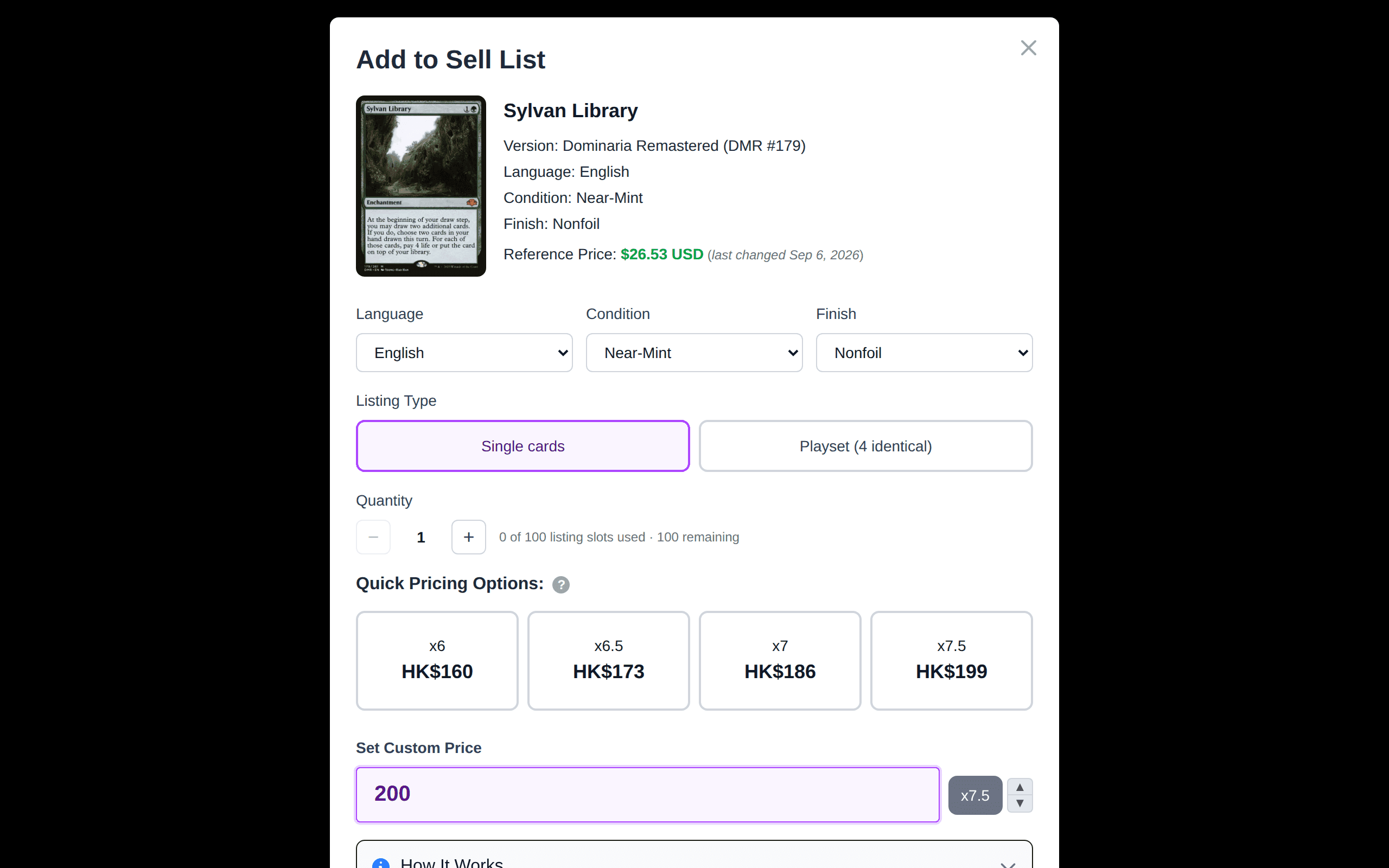 The HiMarket sell listing modal with price input and ratio presets