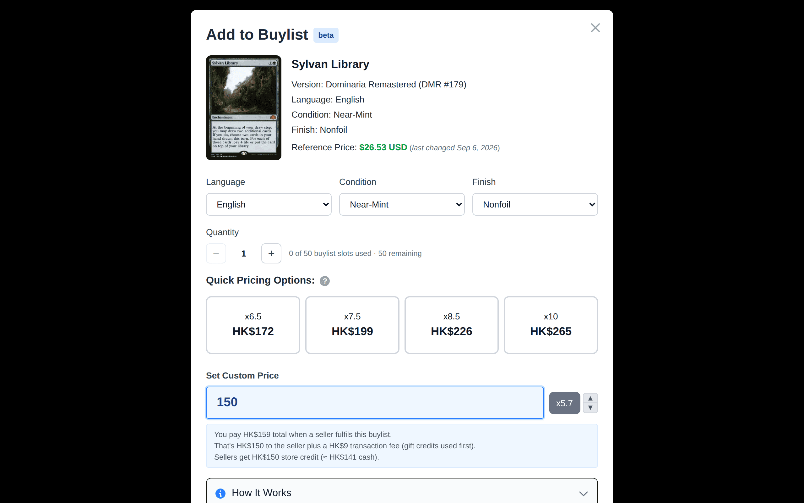 The buylist price modal with ratio presets and the you-pay breakdown